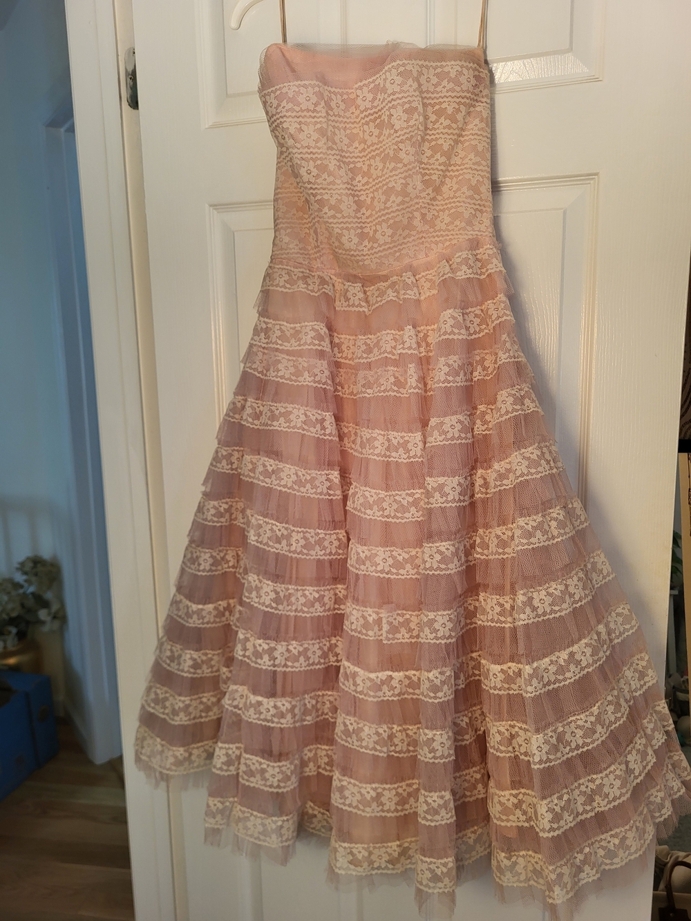 Blush Pink Vintage Lace And Tulle 1950s Strapless Dress